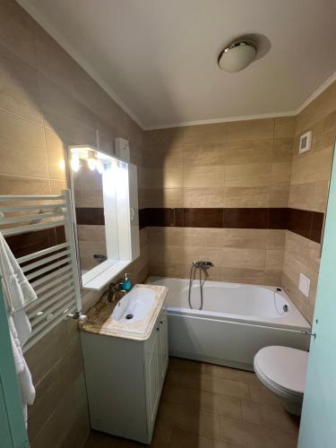 ein Badezimmer mit einer Badewanne, einem Waschbecken und einem WC in der Unterkunft Apartament Queen in Oradea