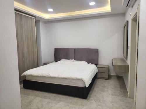 1 dormitorio con 1 cama grande en una habitación en La Seema sea view chalet, en Madaba
