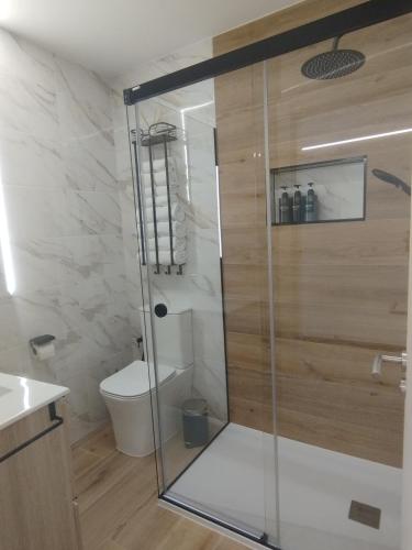 a shower with a glass door in a bathroom at Casa Anton in Muxia