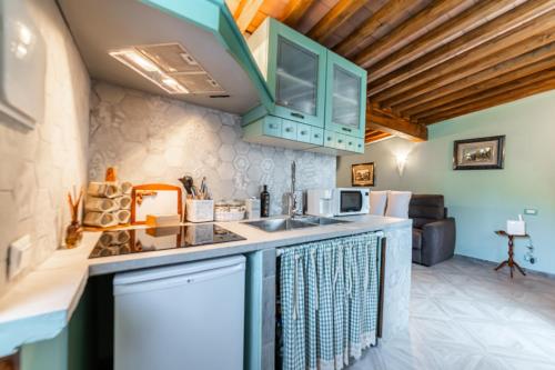 a kitchen with a sink and a living room at Luxury House in Green Appia Antica in Rome