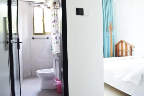 uma casa de banho com um WC e um espelho. em Longyan Yongding Tulou Mengtian Inn em Yongding