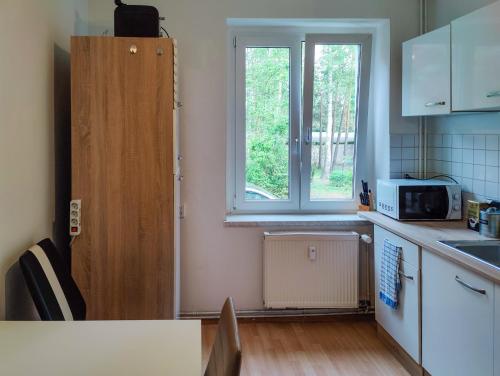 una pequeña cocina con microondas y ventana en FEWO Jänschwalde II, en Jänschwalde Ost