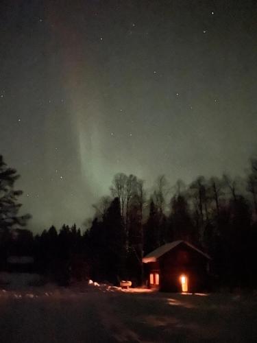 a cabin under a starry sky at night at Gemütliche Blockhütte mit Außentoilette und Badezimmer im Haupthaus in Jörn