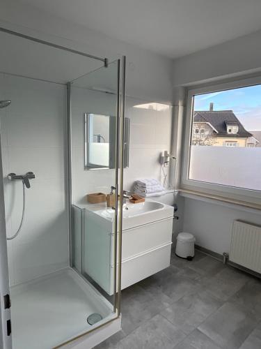 een badkamer met een glazen douche en een wastafel bij City Loft in Freudenstadt