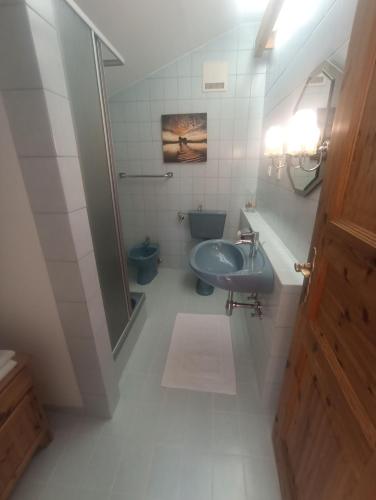 a bathroom with a blue sink and a toilet at Haus Pieschl in Pertitschach