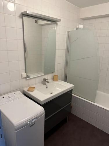 une salle de bain blanche avec un lavabo et un miroir dans l'établissement Au Myosotis, cosy au pied des pistes avec vue et cœur de station, à Les Deux Alpes