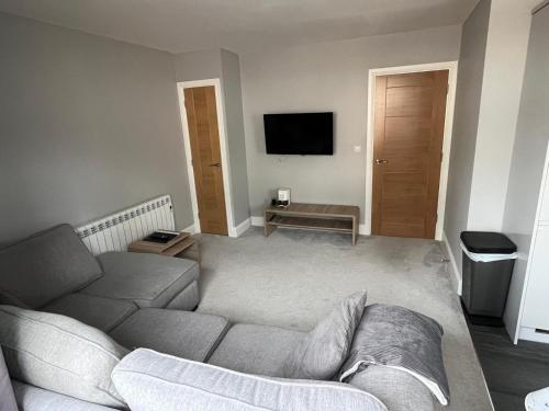 a living room with a couch and a television at New 2 bedroom first floor apartment close to beach in Southbourne