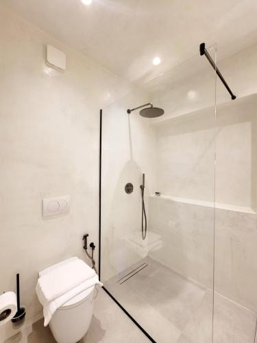 a white bathroom with a shower and a toilet at Artis Blue Relax in Himare