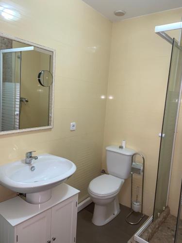 Un baño con inodoro, lavabo y espejo. en APARTAMENTO JALAMA 1B, en Moraleja