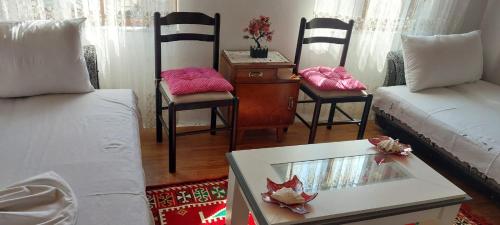 een woonkamer met een bank, stoelen en een tafel bij Niku HomeStay in Berat