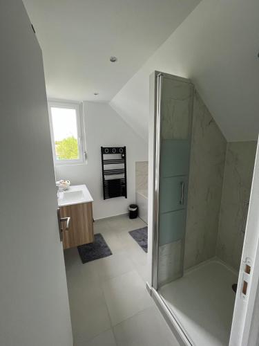 une salle de bain avec douche et lavabo dans l'établissement La maison familliale, à Garancières