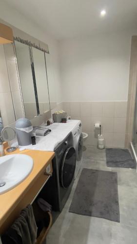 une salle de bain avec une machine à laver et un lavabo dans l'établissement Appartement sur la plage, à Fos-sur-Mer