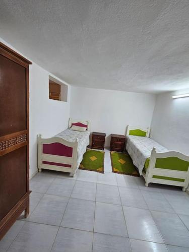 Zimmer mit 2 Betten und 2 Teppichen auf dem Boden in der Unterkunft Hadhri Appartement in Tozeur