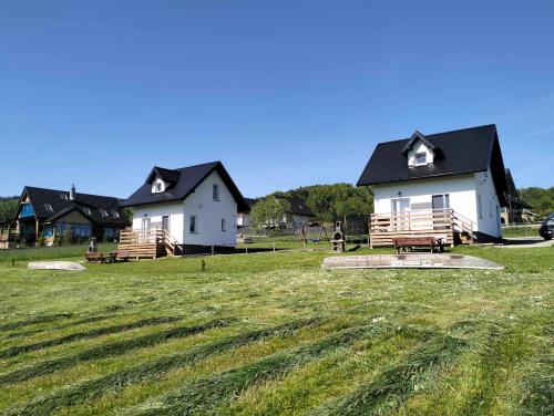 a group of houses in a field with grass at Domki na Zapotocu in Grywałd