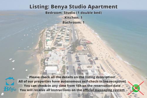 a poster of a beach with a picture of a resort at BLife Benya private apartment in Faro