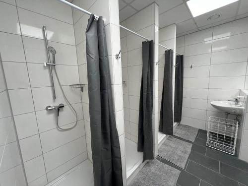 W łazience znajduje się prysznic i umywalka. w obiekcie DRIVER ROOMS w Norymberdze