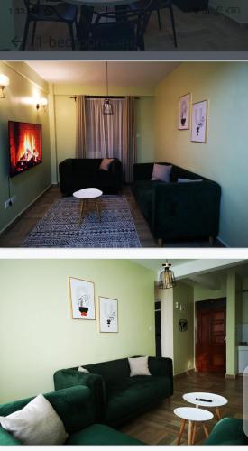 two pictures of a living room with a couch and a table at snazzy guest house in Nakuru
