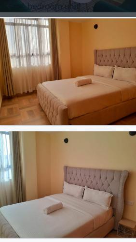 two pictures of two beds in a room at snazzy guest house in Nakuru