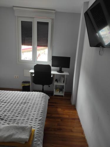 桑圖爾特西的住宿－dormitorio bego，一间卧室配有一张床、一张书桌和一台电视