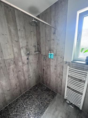a bathroom with a shower with a concrete wall at Casa Di Monaco in Glees