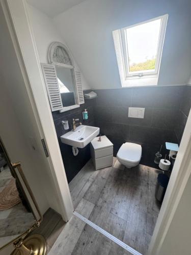 a bathroom with a white toilet and a sink at Casa Di Monaco in Glees