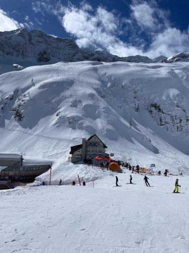 a group of people skiing on a snow covered mountain at Forest Apartment Zofia in Sella Nevea