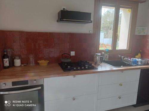 - une cuisine avec un comptoir, une cuisinière et un évier dans l'établissement Maison Crach Auray, à Crach