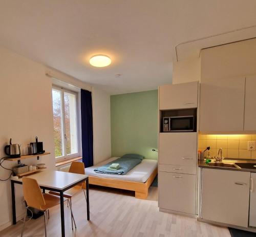 um pequeno apartamento com uma pequena cozinha e uma cama em Casa Maria Apartments em Solothurn