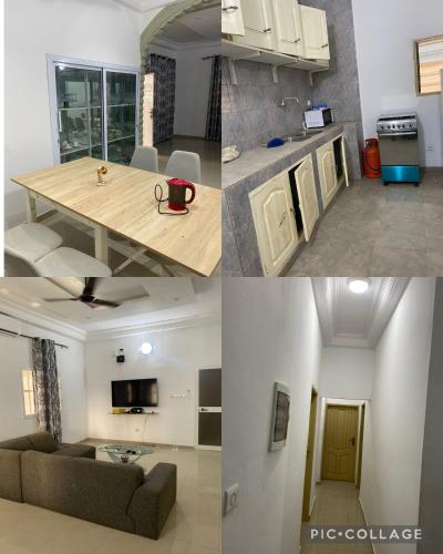 three different views of a kitchen and a living room at Belle villa à Ségbé in Lomé