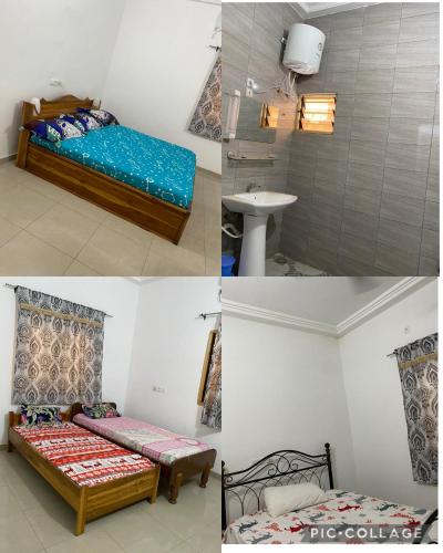 3 photos d'une chambre avec 2 lits et un lavabo dans l'établissement Belle villa à Ségbé, à Lomé