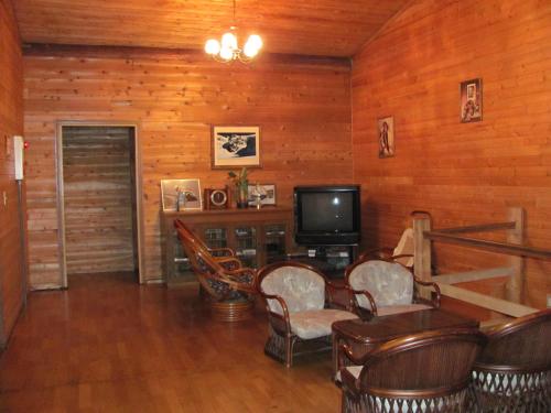 a living room with a tv and wooden walls at Canadian Village Goryu in Hakuba