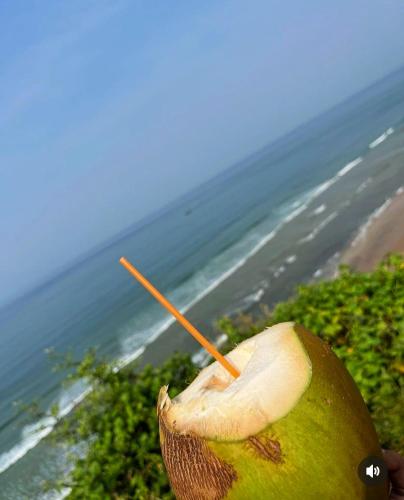 a person holding a coconut with a stick in it at Hotel Grand Ganesha in Ganpatipule