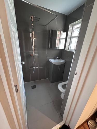a bathroom with a shower and a toilet at Westcliff-on-Sea Coach house in Westcliff-On-Sea