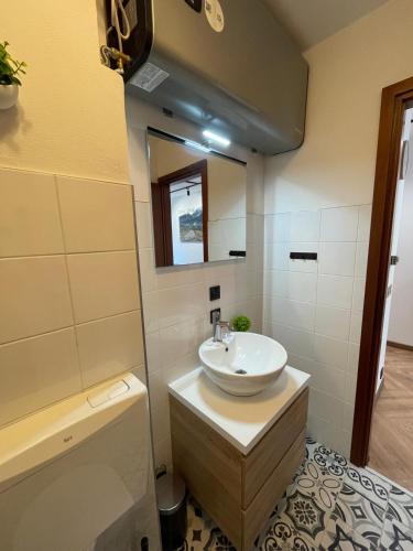 a bathroom with a sink and a mirror at Forest Apartment Zofia in Sella Nevea