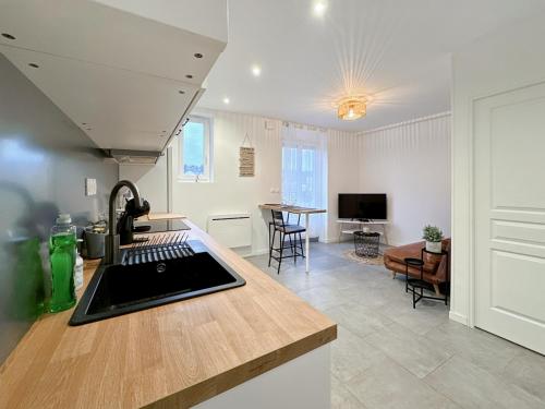 a kitchen with a counter top and a living room at Le Cosy Lagny - Appartement Cosy avec balcon vue sur Marne in Lagny