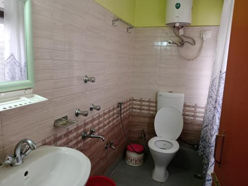 uma pequena casa de banho com WC e lavatório em Zimkhang Guesthouse em Gangtok