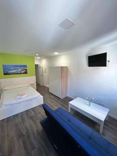 um quarto com uma cama, um sofá e uma televisão em Alojamientos Plaza Portugal em Sanxenxo