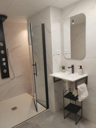a bathroom with a shower and a sink and a mirror at Increible Loft en el Corazon de Lorca in Lorca