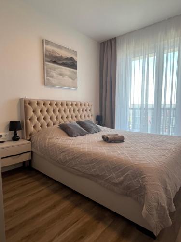 1 dormitorio con 1 cama grande y ventana grande en Saules apartamentai, free parking, en Klaipėda