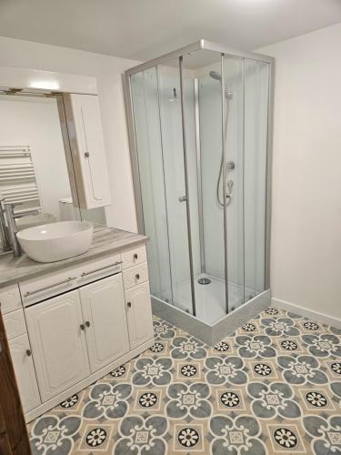une salle de bain avec une douche, un lavabo et un miroir dans l'établissement Maison berrichonne 4 pers, à Niherne