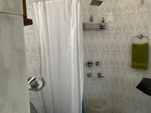 W łazience znajduje się prysznic z białą zasłoną prysznicową. w obiekcie Chinarchalet w mieście Palampur