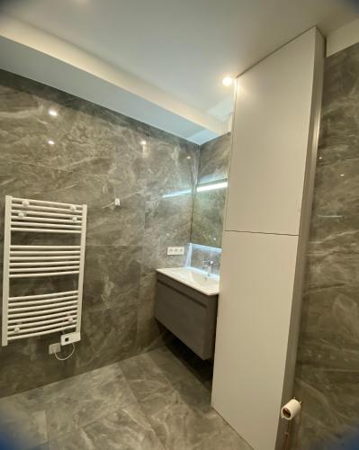 une salle de bain avec un lavabo et un miroir dans l'établissement Superbe Appartement Hypercentre climatisé, à Cannes