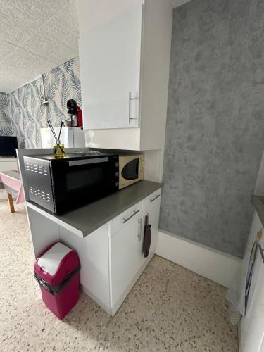 une cuisine avec un four micro-ondes noir sur un comptoir dans l'établissement Studio La Flânerie, au Cap d'Agde