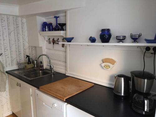a kitchen with a sink and a counter top at Kopparstugans Bed & Breakfast in Falun
