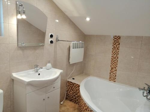 a bathroom with a sink and a bath tub at Apartament TARA in Solina