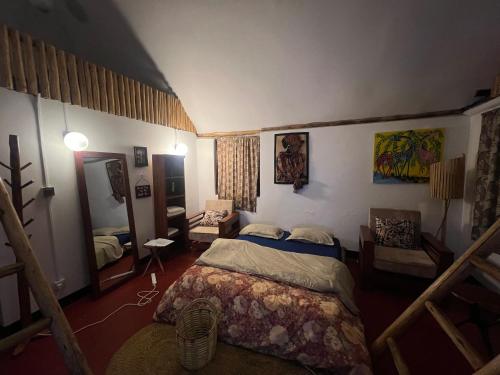 a bedroom with a bed and a mirror at Cottage in Arusha-Wanderful Escape in Arusha