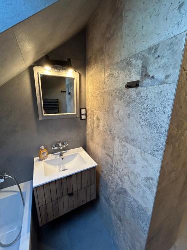 uma casa de banho com um lavatório e um espelho em Loft w centrum Olsztyna, Blisko Starowki em Olsztyn