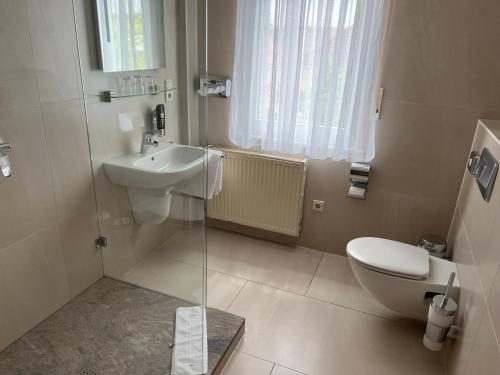 ein Bad mit einem Waschbecken und einem WC in der Unterkunft Hotel-Restaurant Zum Kirschbaum in Rottendorf