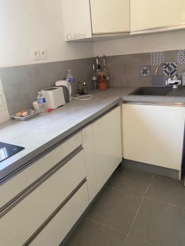 une cuisine avec des armoires blanches et un évier dans l'établissement Maison corse, à Saparale