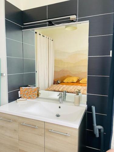 une salle de bain avec un lavabo et un miroir dans l'établissement Emplacement idéal Confort et tranquillité, à Boulogne-sur-Mer